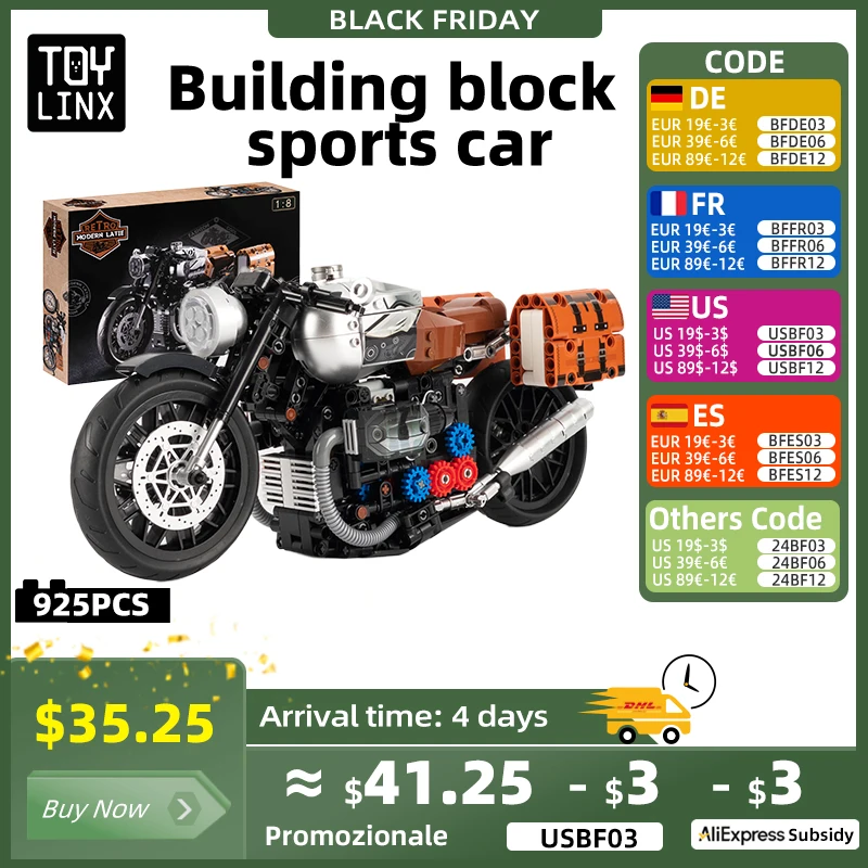 

925PCS Technical 1:8 Retro Motorcycle Building Blocks Latte Classic Motorbike Assemble Bricks Toys for Children Christmas Gift