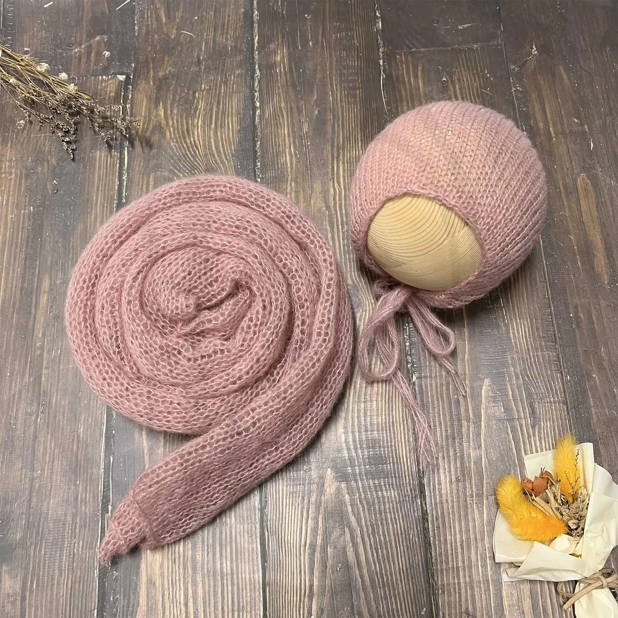 Don&Judy Stretch Newborn Photography Props Wrap with Hat Set Soft Hand Knit Mohair Baby Infant Photo Shoot Background 2PCS Sets