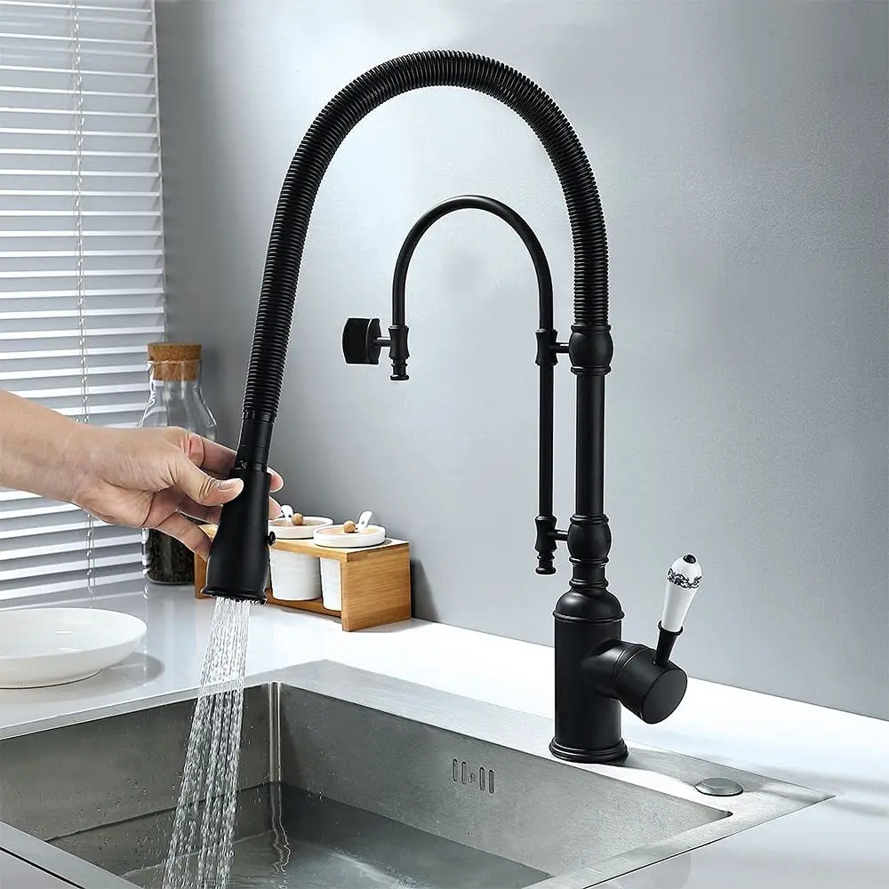 Solid Brass Pre Rinse Faucet Single Handle High Arc Swivel Dual-Mode Pull-Down Sprayer Kitchen Sink Faucet withPorcelain Handle