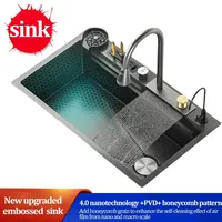 Key Digital Display Kitchen Sink 304 Stainless Steel Rain Waterfall Single Trough Honeycomb Large Single Trough Washing Basin