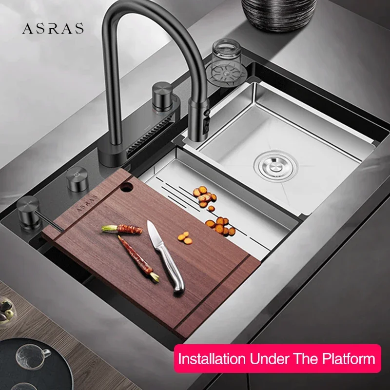 ASRAS New Waterfall Flying Rain Faucet Kitchen Island Cup Rinser Sinks 304 Stainless Steel 4mm Panel Handmade Kitchen Sinks