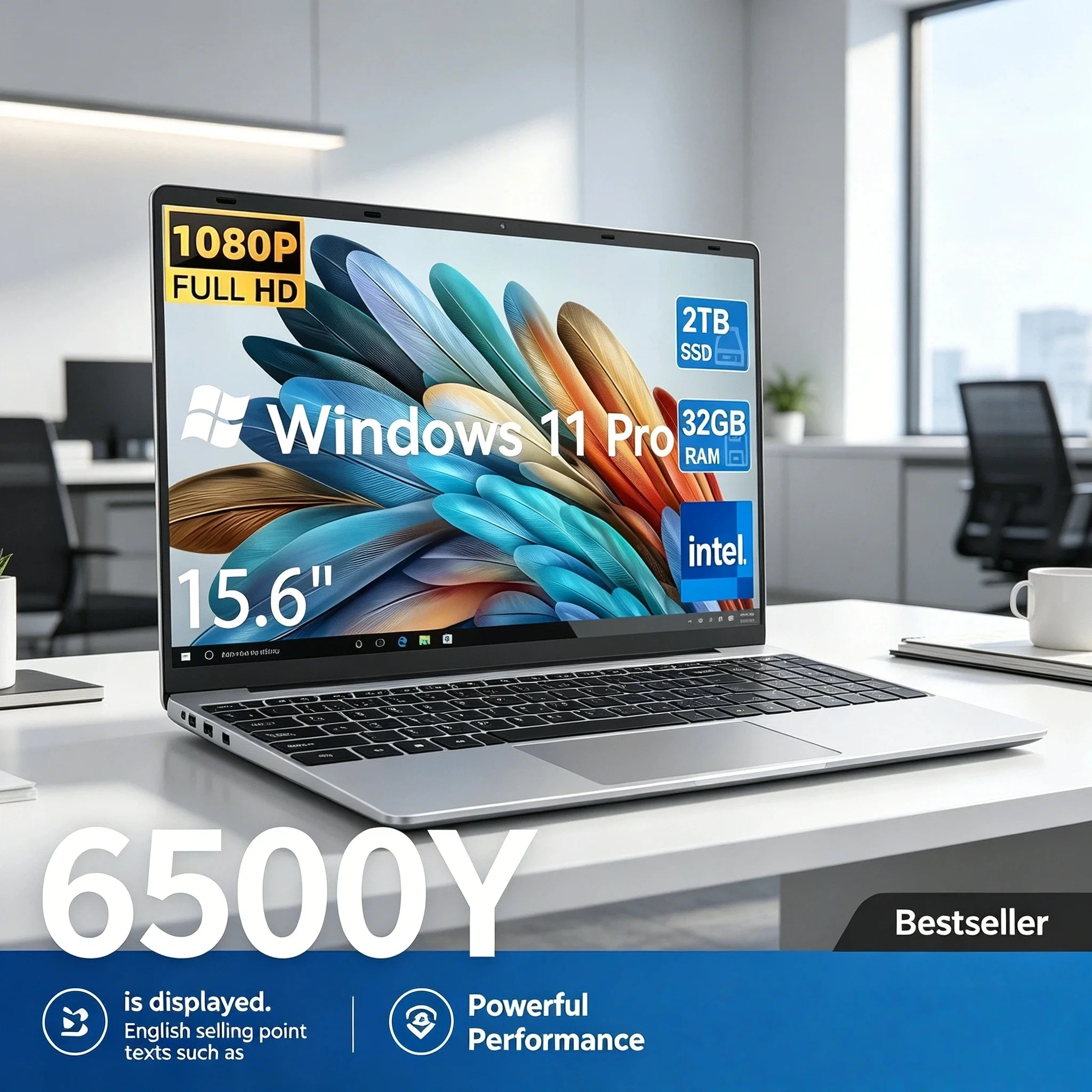 15.6 Inch Windows 11 Laptop 32GB RAM 2TB SSD Intel 6500Y Large Screen Office Notebook 5000mAh Gamer PC Backlit Fingerprint