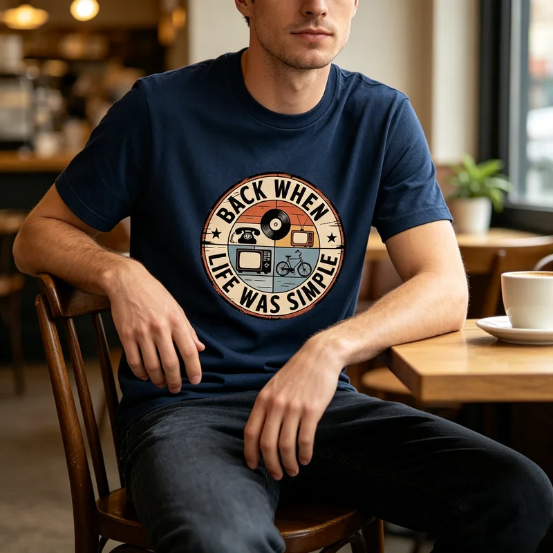 Vintage Retro Graphic T-Shirt for Men Women Relaxed Fit Casual Streetwear Everyday Tee with Nostalgic Record Bike Radio Print
