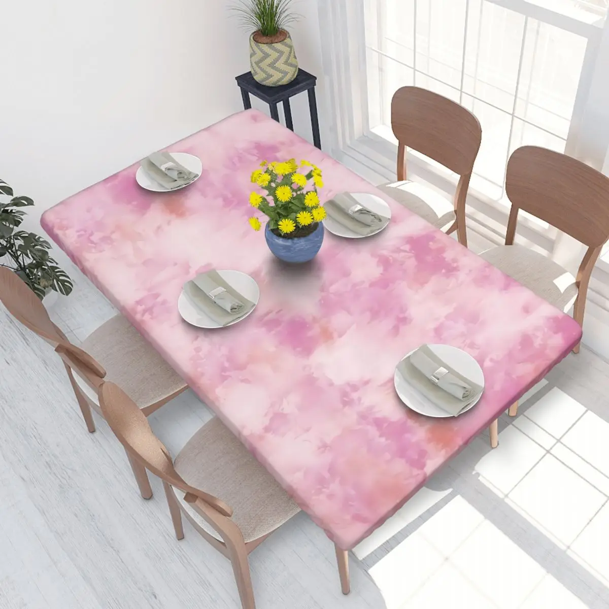 ผ้าปูโต๊ะย้อมสีมัดย้อมสีชมพูแบบสี่เหลี่ยมผืนผ้ากันน้ำแบบดั้งเดิมผ้าคลุมโต๊ะสำหรับ4FT จัดเลี้ยง