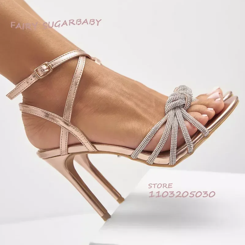 Sandalias sexis doradas con joyas y tacones abiertos anudados para mujer, sandalias brillantes de cristal rosa, hebilla de primavera para niña, vestido ostentoso con talón descubierto, zapato de lujo
