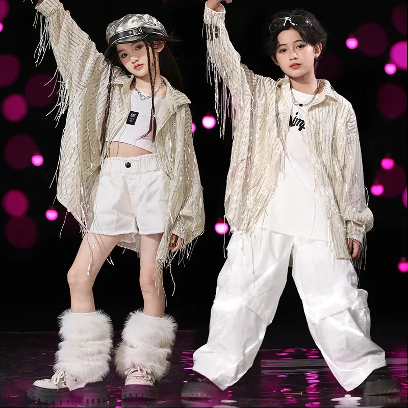 

White Tassel Jazz Dance Costume Girls Kpop Hip Hop Dance Costume Fashion Catwalk Show Stage Outfit Children Shirt Pants