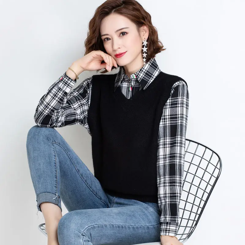 Women Fashion Shirt Collar Sweaters Autumn Vintage Fake Two Pieces Knitted Jumper Office Lady Plaid Loose Pullovers