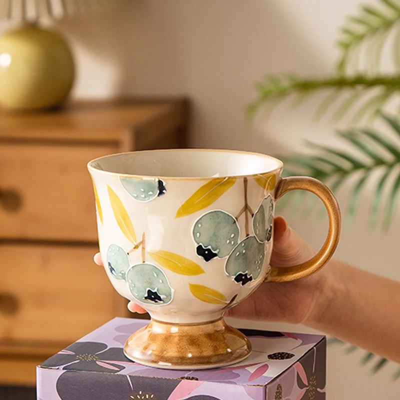 

Chinese Style Ceramic Gift Cute Mug, Home Personal Office Creative Blueberry Pomegranate Retro Milk Water Coffee Cup, 500ml, 1Pc