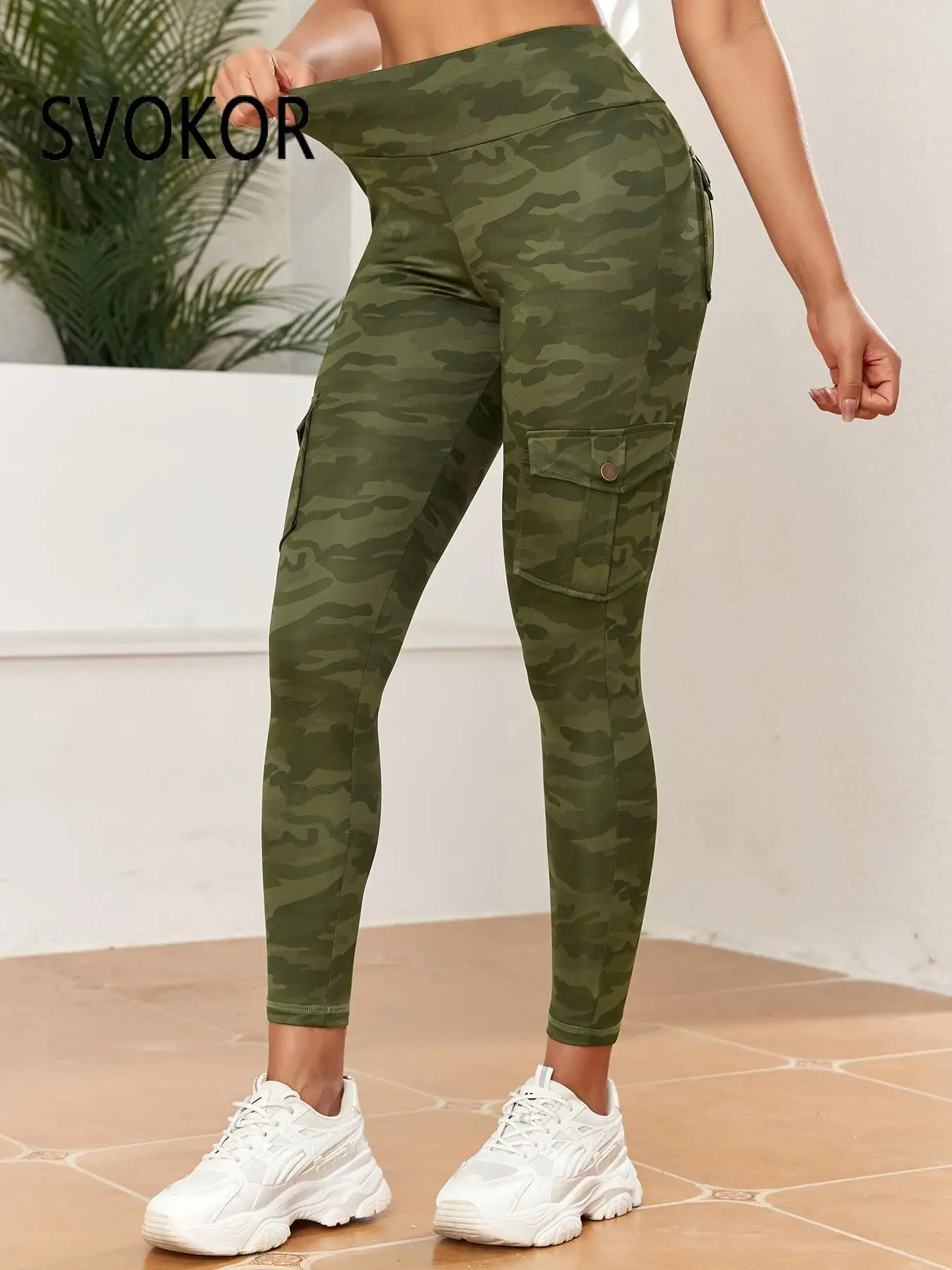 SVOKOR Camouflage Digital Print Women Legging Seamless Fitness Pants with Pocket Slim Workwear