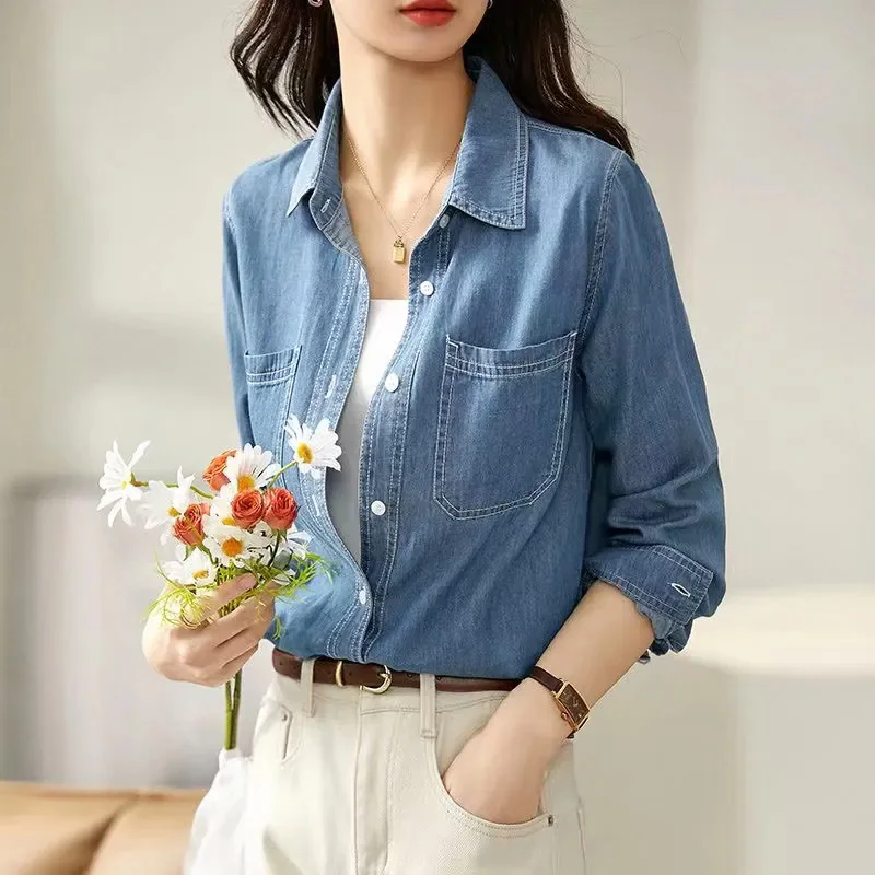 New Women Spring Autumn Long Sleeve Denim Shirt Fashion Turn-down Collar Single Breasted Loose Jeans Shirt Casual Daily Shirt view 3