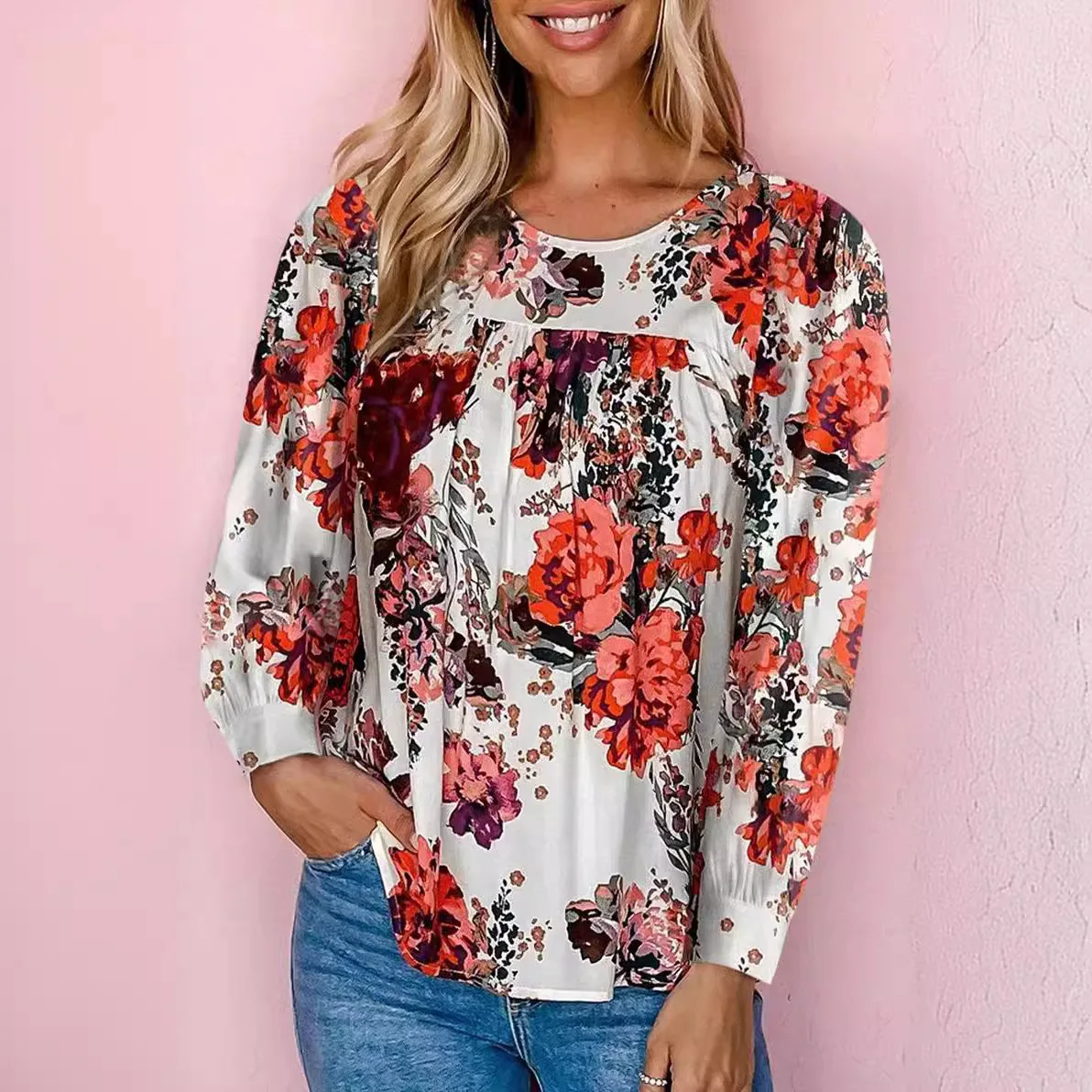 

Long Sleeve Flower Print Top Spring Autumn Women's Casual Comfortable Loose Round Neck T-Shirt Female Clothing Streetwear