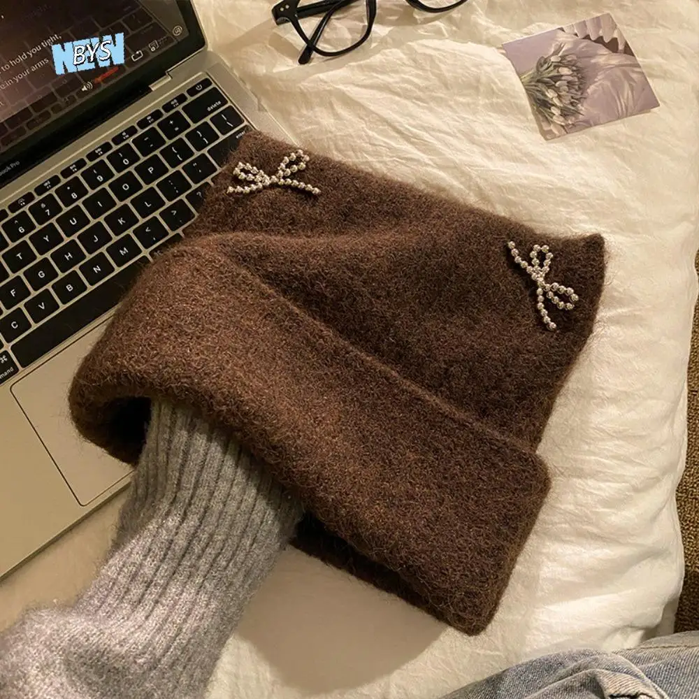 

Harajuku Sweet Cool Cat Ears Beanie Hat Bow Ear Protection Knitted Pullover Hat Fluffy Streetwear Winter Wool Hat Girls