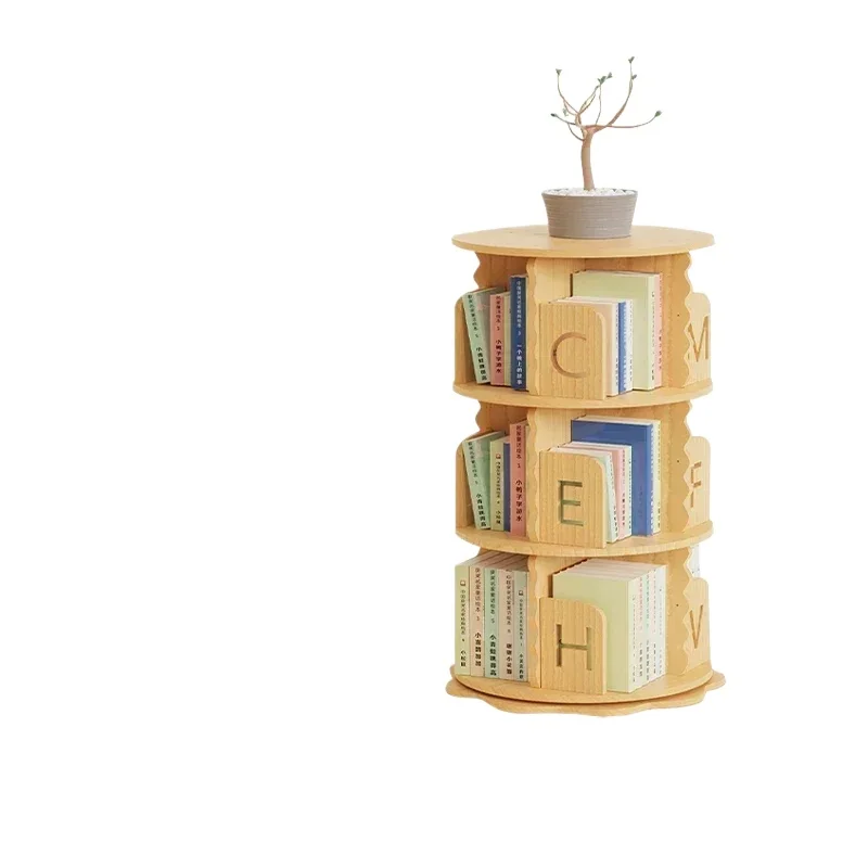 

#Solid wood rotating bookshelf 360-degree bookcase integrated against the wall floor storage rack Children's library shelf simpl