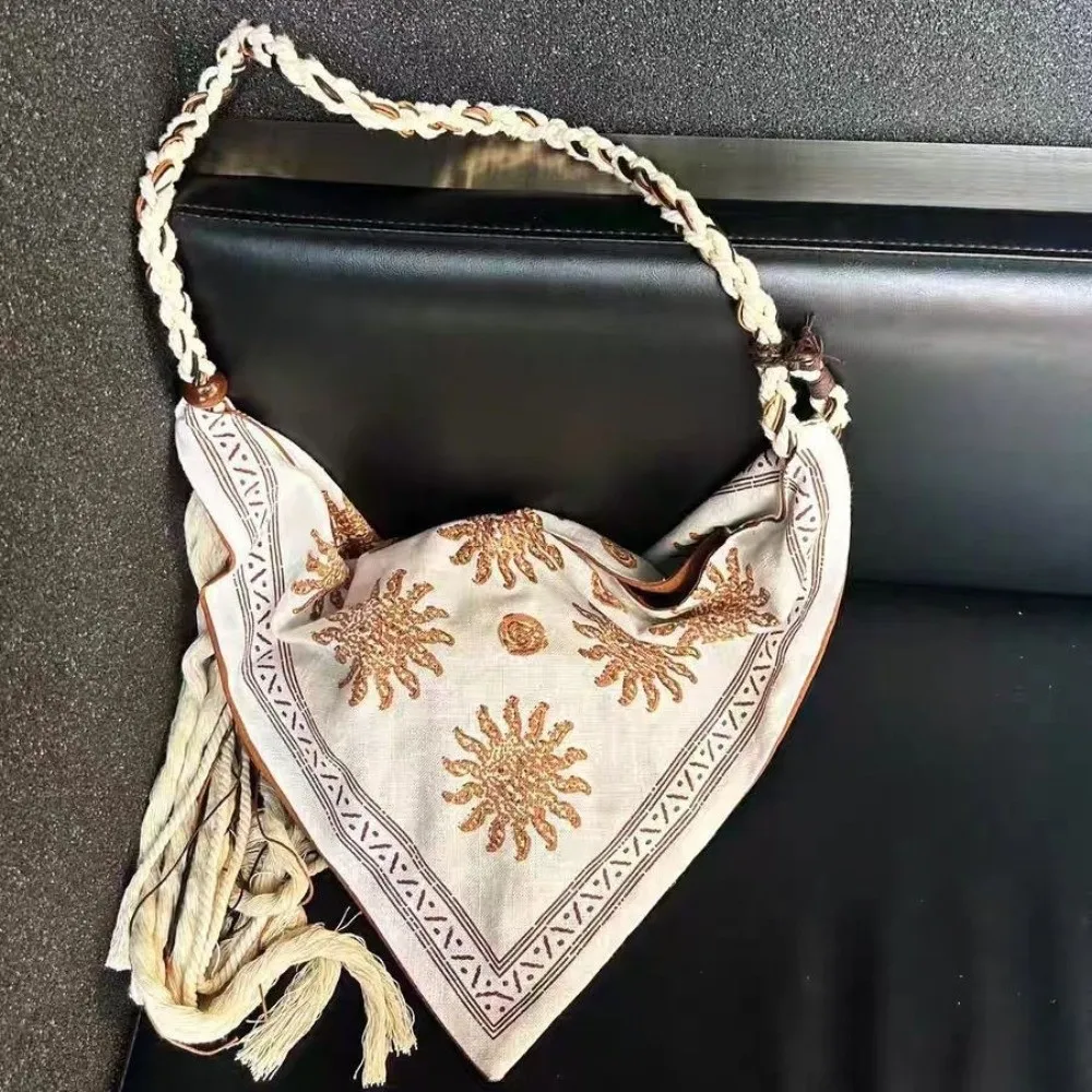 Retro Bohemian Triangle Shoulder Bag Ethnic Style Rope Retro Handbag Tassel Detail Linen Print Women Crossbody Bag daily