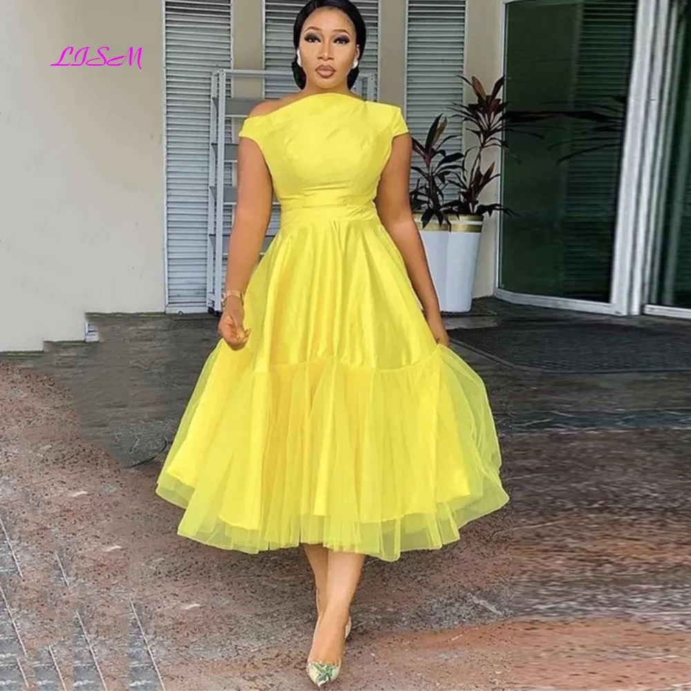 

Yellow Midi Formal Prom Dresses A-Line Off The Shoulder Evening Gowns 2023 Tea-Length Women Saudi Arabia Homecoming Dress