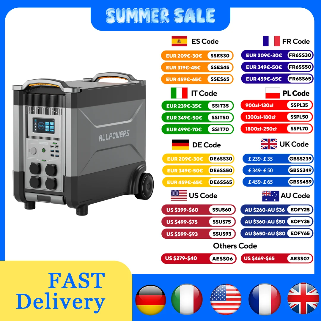 

ALLPOWERS R4000 LiFePO4 Battery, 3600Wh Power Station 4000W Portable Generator, Expandable Battery for Power Outage, Travel，UPS