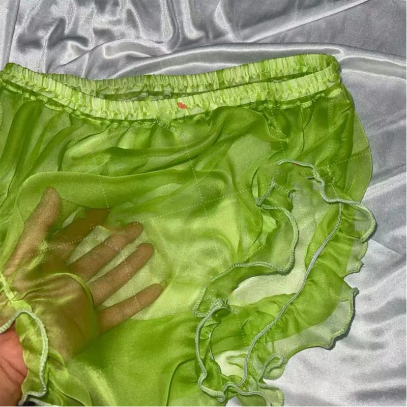 Man Sexy Transparent Colored Laser Pink Holographic Organza Briefs Women Ruffles See Through Panties Couple FKK Private Party BF