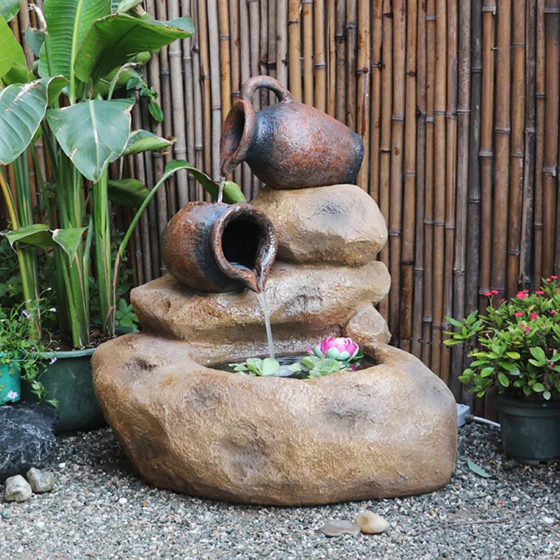 Pastoral garden, courtyard, outdoor terrace, rockery, flowing water fountain, fish pond, pond fish tank, balcony decoration,