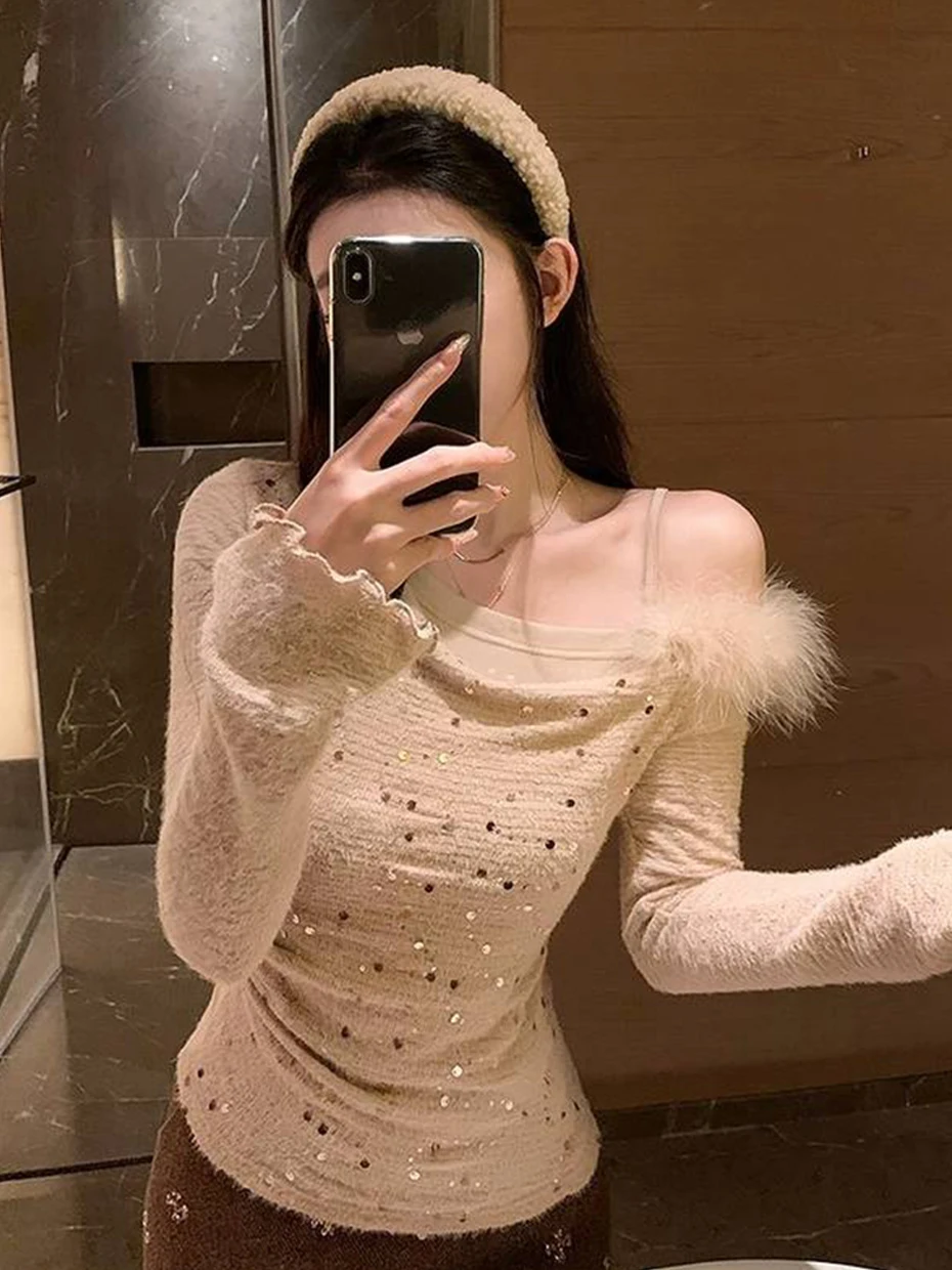

Shantou Sequin Base Layer Knitted Top Women's Shoulder Bared Flared Sleeve Long Sleeve Slim Fit Autumn Winter Faux Two-Piece
