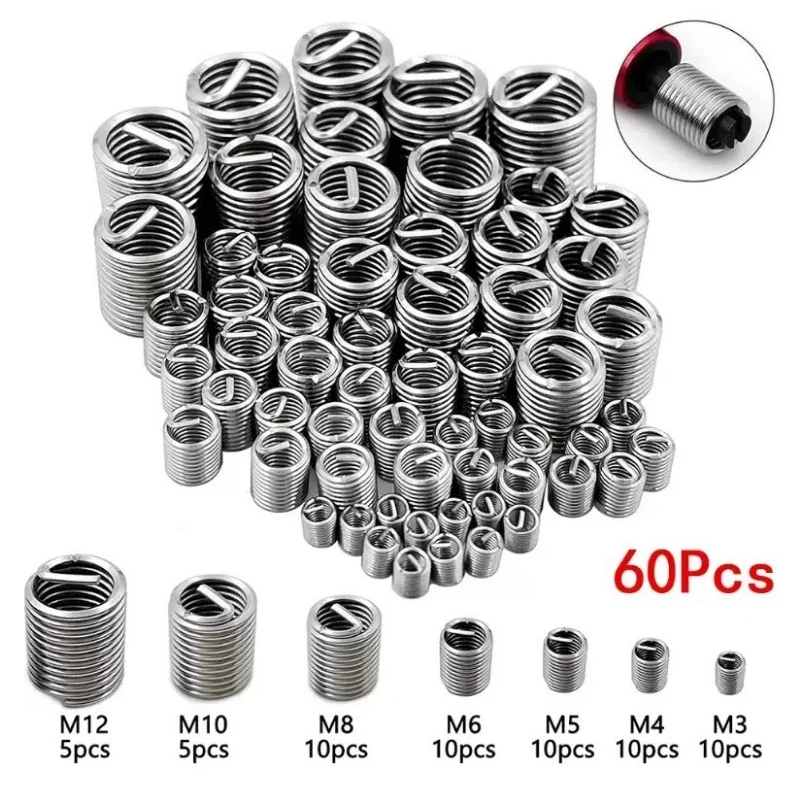 60Pcs Wire Thread Insert M3 M4 M5 M6 M8 M10 M12 Fastening Thread Insert Stainless Steel Spiral Wire Screw Sleeve Wear Repair Kit
