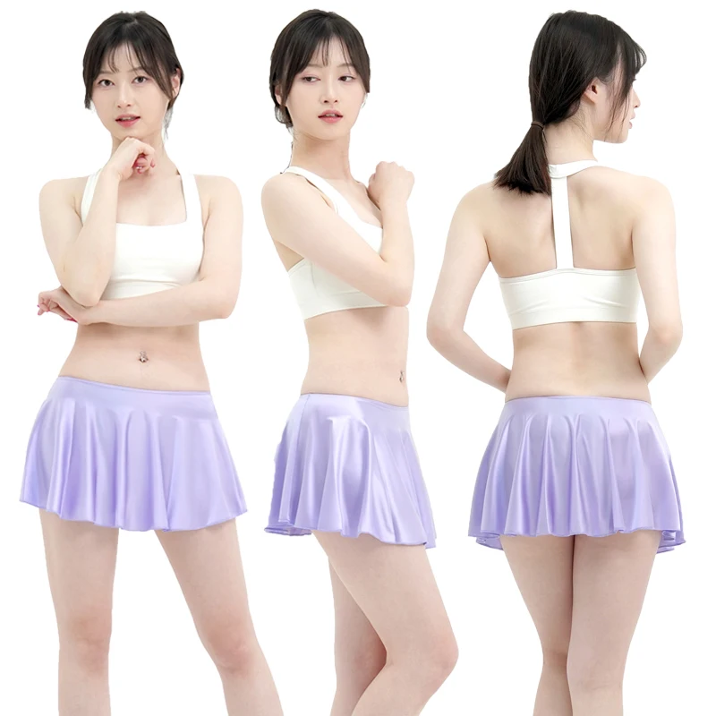 MJINM Women Smooth Shiny Pleated Dance Gymnastics Umbrella Skirts Breathable Stretch Party Clubwear Lingerie Buttock Mini Skirts