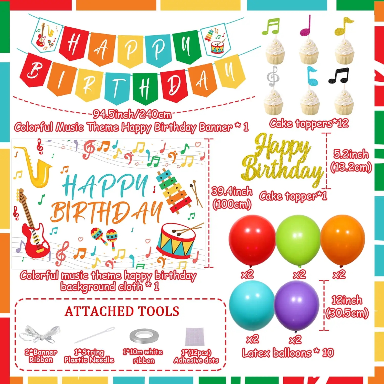 SurSURPRISE-Music Themed Birthday Party Decorations, BannerBackyard, Latex Balloons, Cake Toppers for Kids, Party Supplies