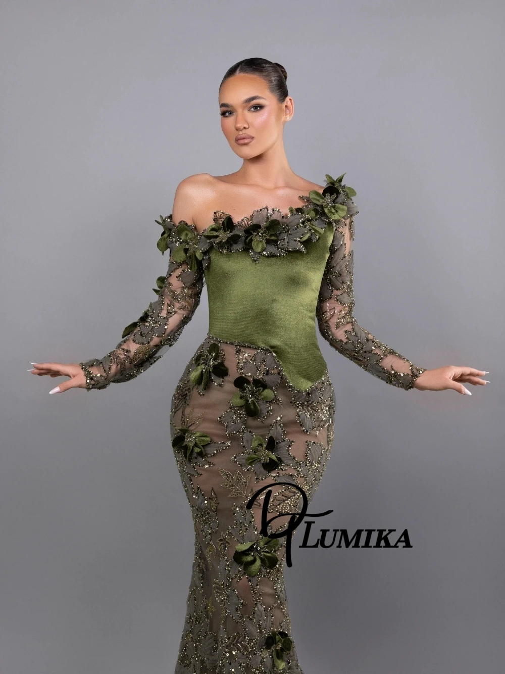 

3D Floral Beaded Olive Green Evening Dress Women Off Shoulder Velvet Bodice Sheer Mesh Mermaid Shimmering Prom Gown Customized