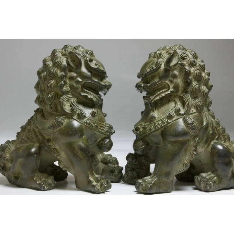 

Antique Bronze Animals FengShui Fu Foo Dogs Wealth Lion Ball Head Statue Pair