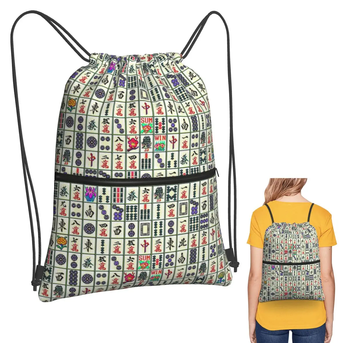 

Mahjong Backpacks Casual Portable Drawstring Bags Sports Bag Book Bags For Travel Students