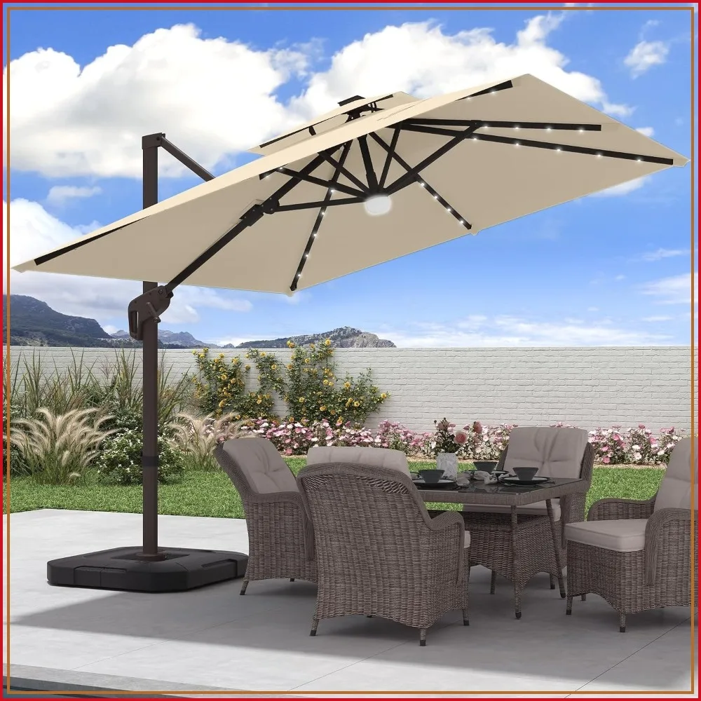 9x9 FT Cantilever Offset Patio Umbrella with Lights and Base