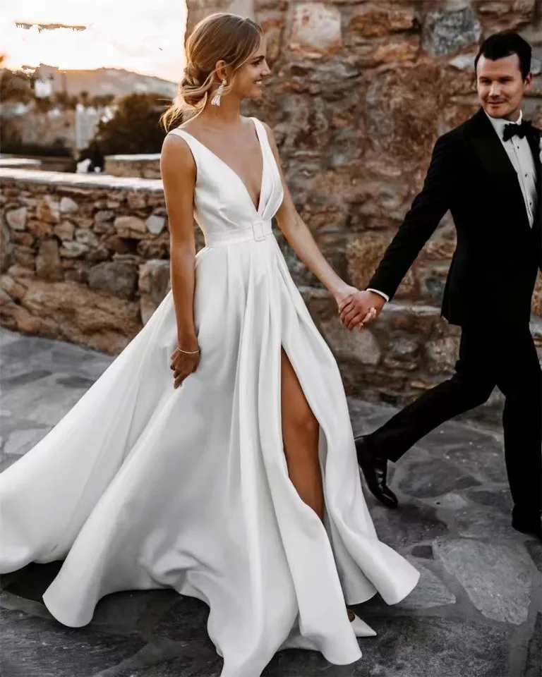 

Simple Wedding Dresses with Belt Soft Satin Side High Split V Neck Backless Long Sexy Women Bridal Gowns 2022 Robe Mariage