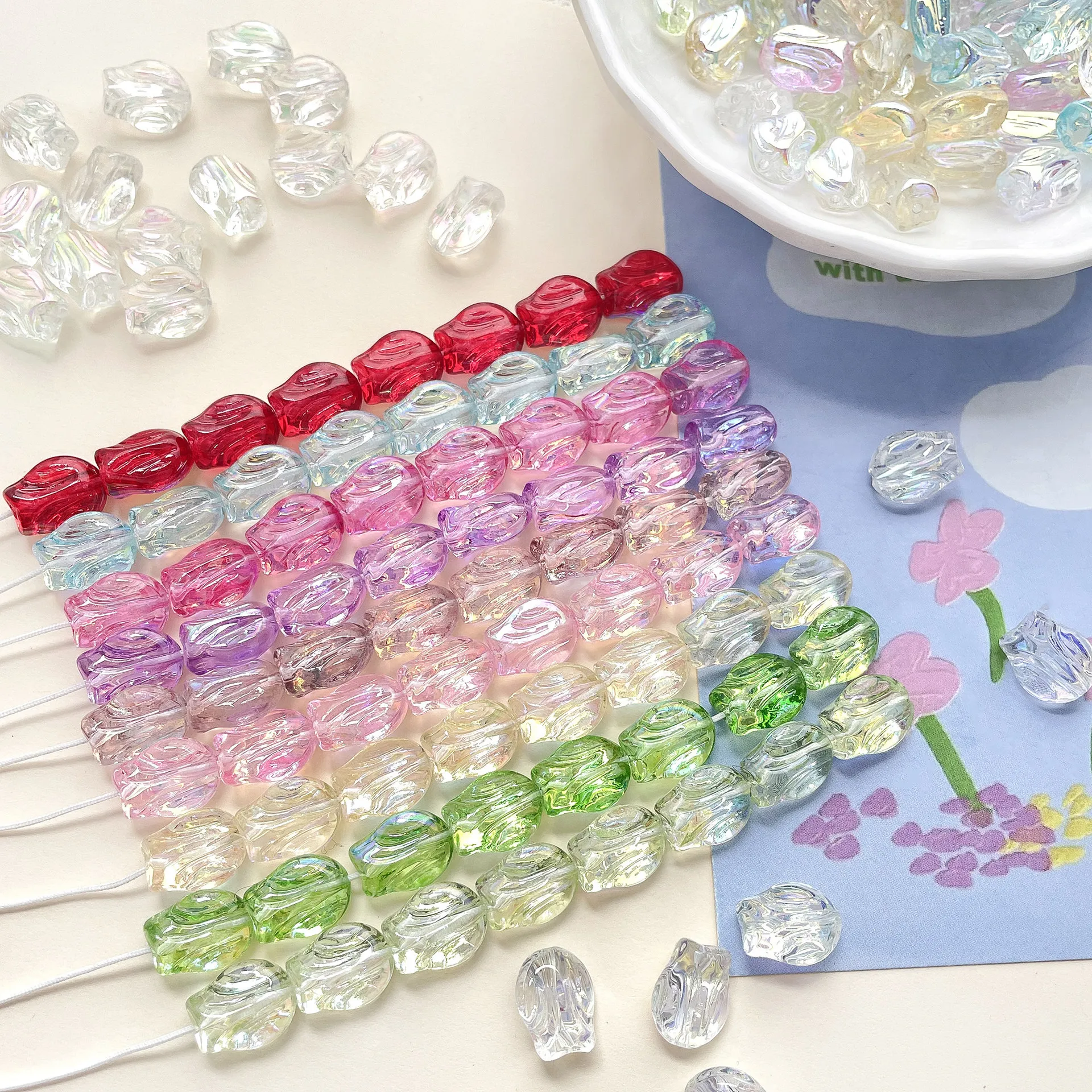 10PCS Colorful Double-sided Laser Tulip Shaped Glass Beads For Jewelry Making Interval Bead Necklace Bracelet Craft DIY Supplie