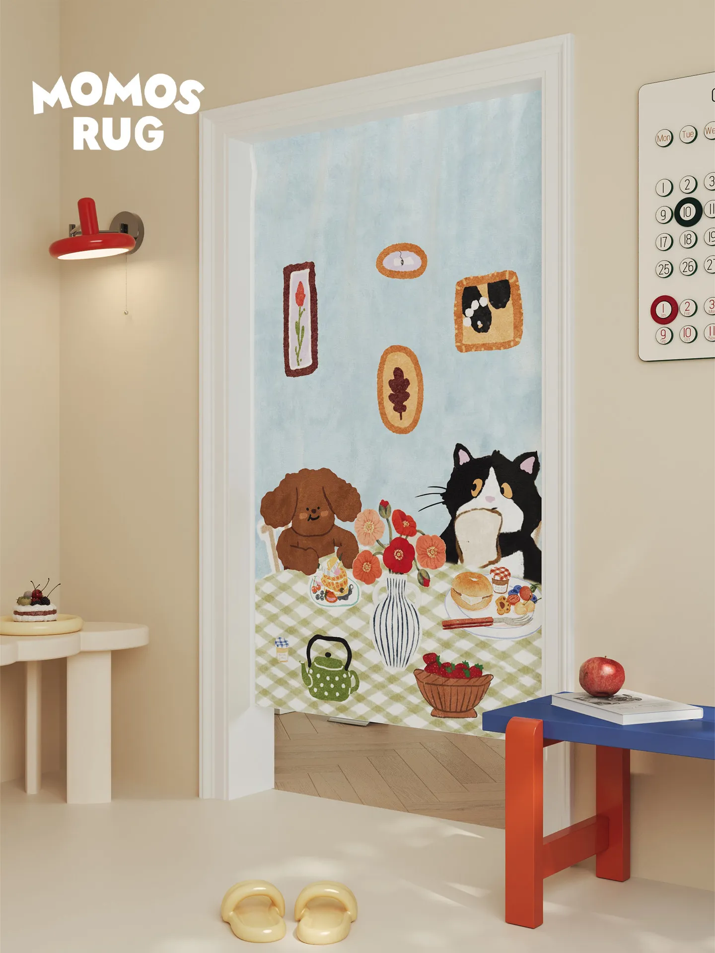 VIKAMA Dog And Cat Tea Party Noren Door Curtain Cartoon Print Hanging Curtain Dining Room Door Partition Warm Home Decor