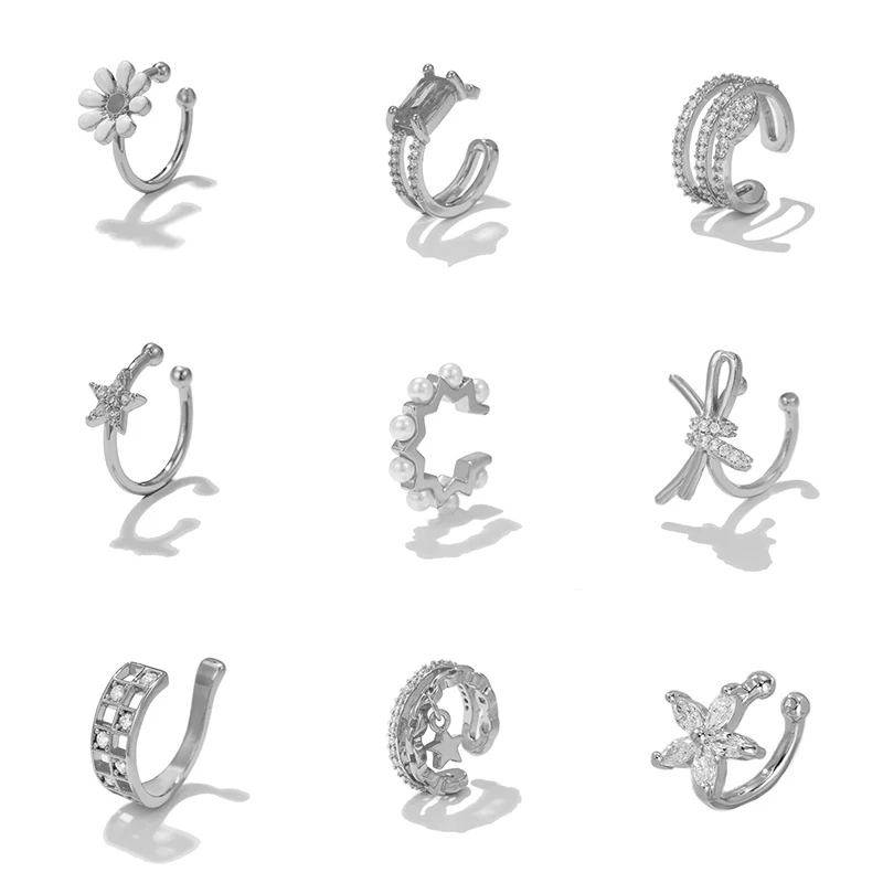 

Silver Color Star Ear Cuff Earrings for Women Classic CZ Zirconia No Piercing Flower Clip Earrings Woman Jewelry Accessories