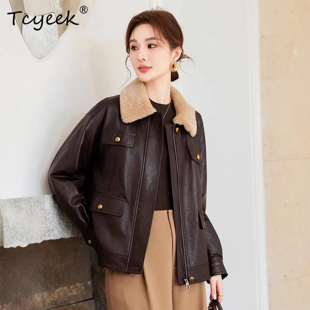 Tcyeek سترة جلدية أصلية للنساء ملابس شتوية معطف من جلد الغنم الحقيقي امرأة بيضاء أوزة أسفل معاطف نسائية الصوف الفراء طوق #2