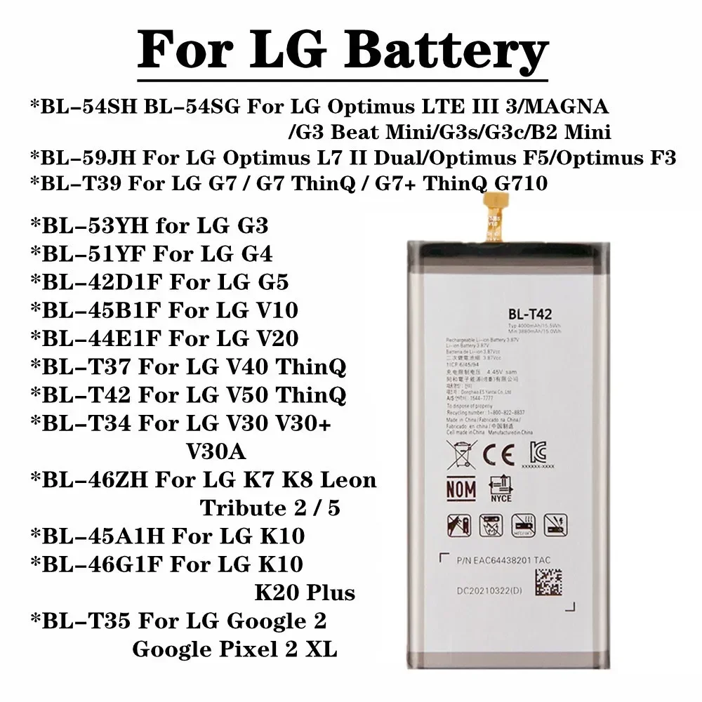 Phone Battery For LG V10 V20 V30 V40 V50 G7 ThinQ G3 G4 G5 K7 K8 K10 K20 Plus Leon Tribute 2 5 Optimus LTE 3 L7 2 F3 F5 Google 2