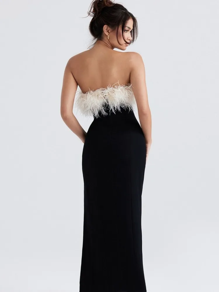 2025 Abito da donna sexy senza spalline in piume patchwork con spacco alto nero midi aderente con fasciatura estiva Abito da sera elegante da club