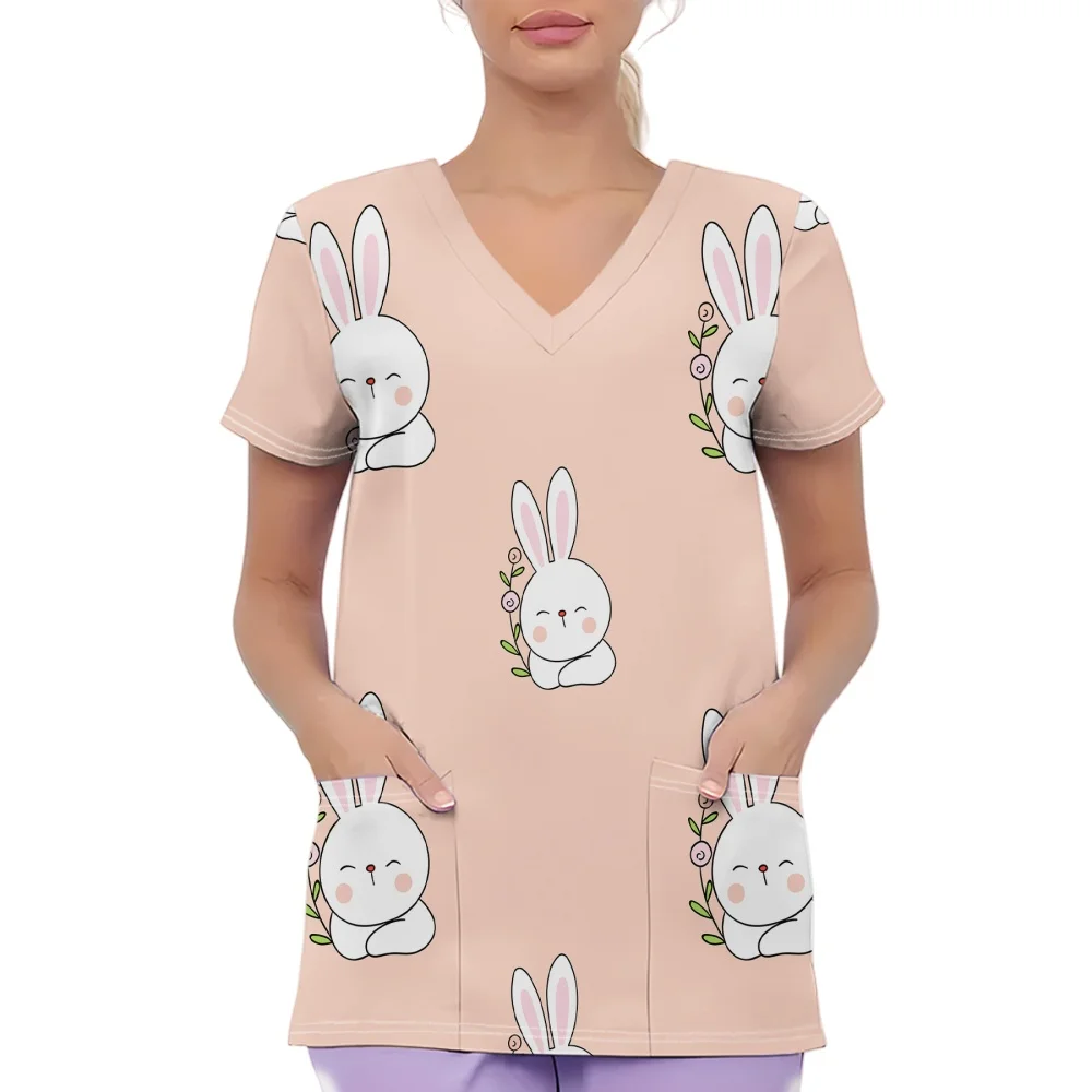 Damska bluzka medyczna z krótkim rękawem, dekoltem w serek i kieszenią, uroczy króliczek i jajko, letnia, codzienna, wygodna, z kieszeniami, odzież medyczna.