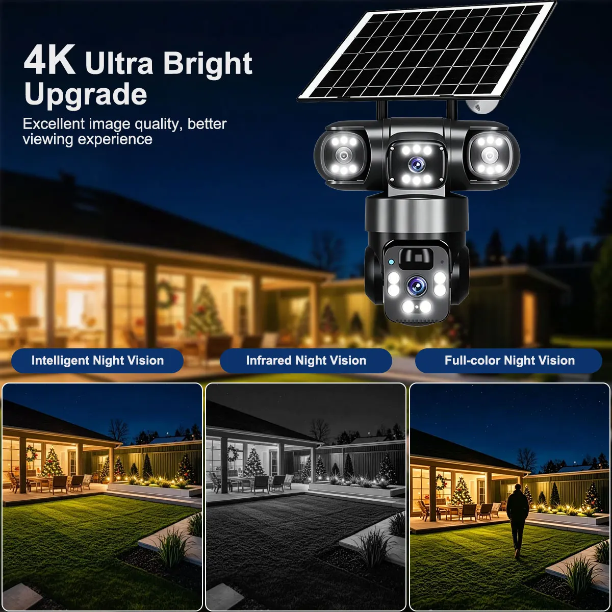 Yucutam solar powered outdoor camera tTriple Lens Triple Screen PTZ CCTV AI human tracking IP66 waterproof WiFi security camera