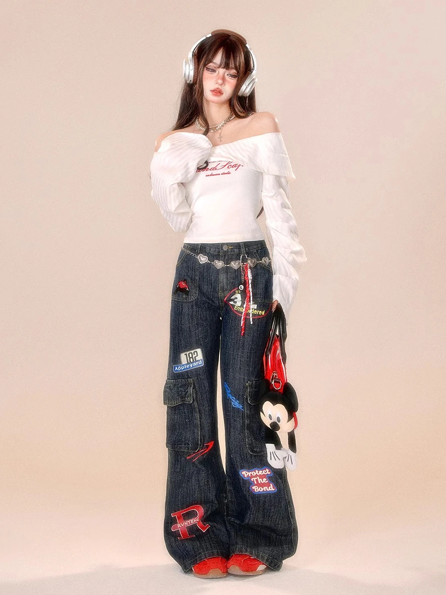 REDDACHiC Cowgirl Afdrukken Stempels Flare Jeans Blauw Verontruste Grafische Wijde Pijpen Zakken Cargo Broek Vintage Y2k Vrouwen Streetwear