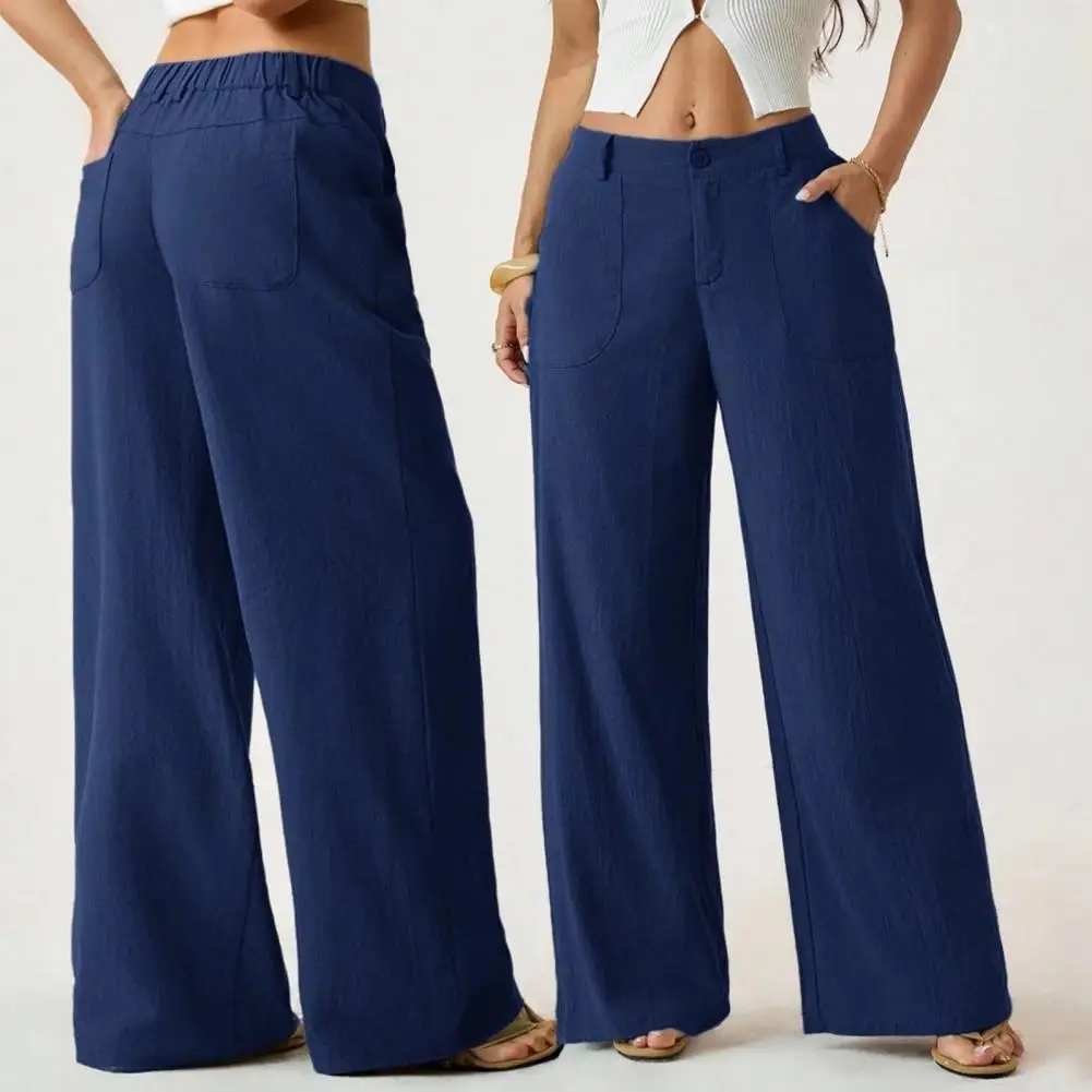 Women High Waist Linen Wide Leg Pants Double Flap Pocket Button Fly Loose Straight Trousers Casual Daily Work Bottoms MultiColor