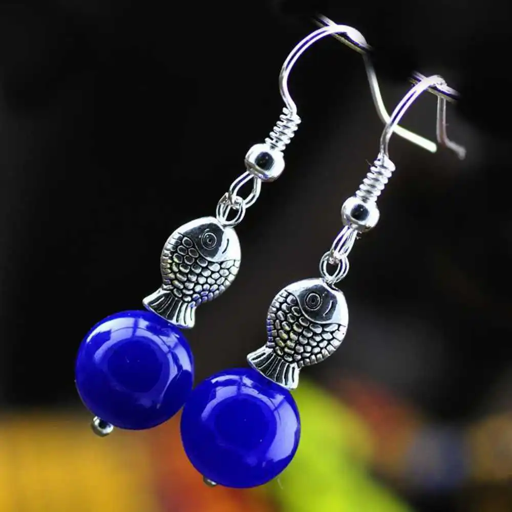 

Natural blue chalcedony jade Earrings Tibet silver fish Beautiful Easter Gift FOOL'S DAY Women Classic Lucky Party