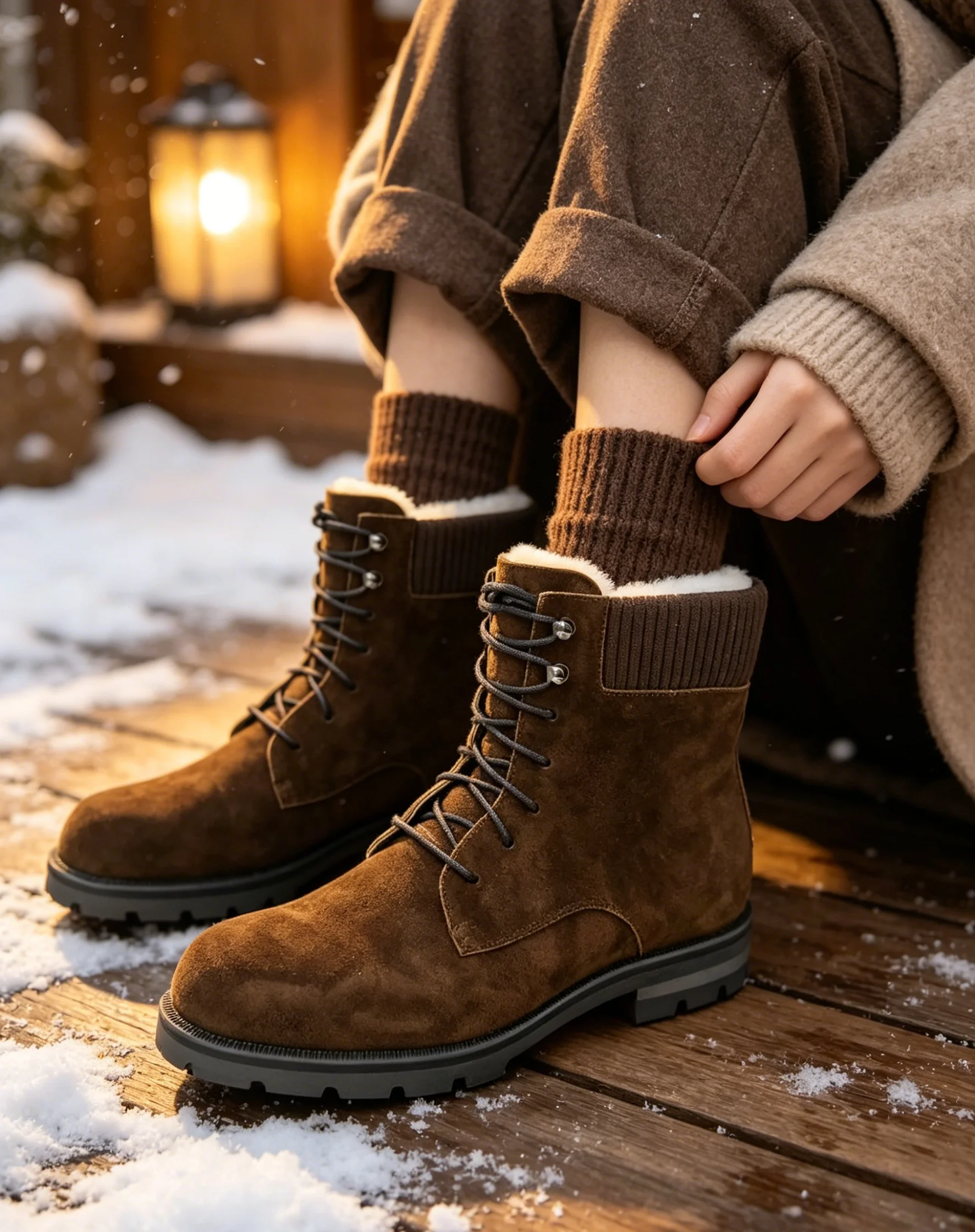 

Thick Red Sole Chunky Mid Heels Winter Snow Shoes Outwear Boats MaleBrown Leather Flannel Lace-Up Short Boots For Men Round Toe