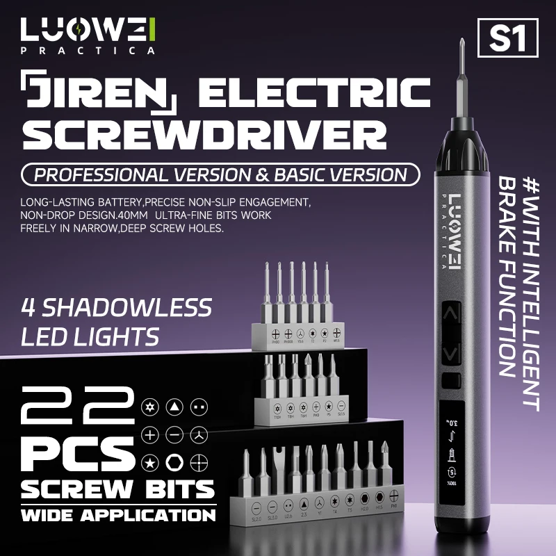 

LUOWEI LW-S1 Pro Electric Screwdriver 22Pcs Bits with Intelligent Brake OLED Display 5-Speed Brushless Type C for Phone Repair
