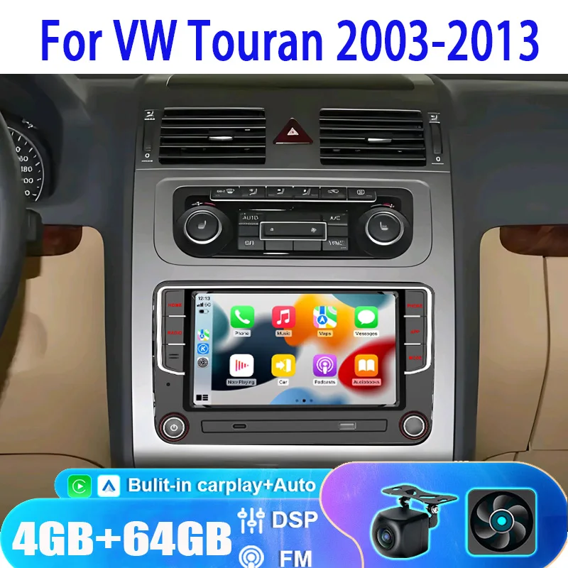 

7" For VW Touran 2003-2013 Car Radio Wireless Apple Carplay Android 13 Auto Stereo GPS Navi 4+64GB BT Reversing Image