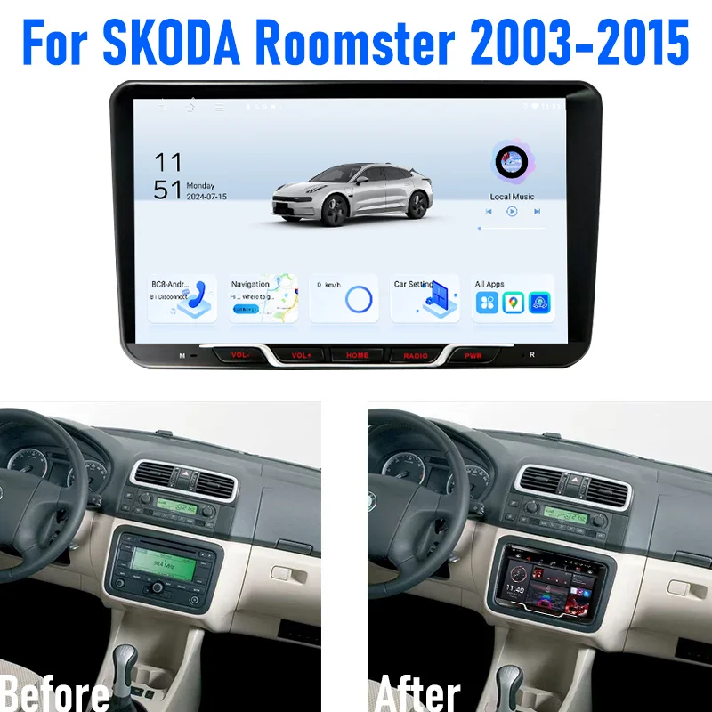 

9 Inch 4+64GB For SKODA Roomster 2003-2015 Car Radio Android 15 Support Wireless Apple Carplay 4G+WIFI GPS QLED Screen