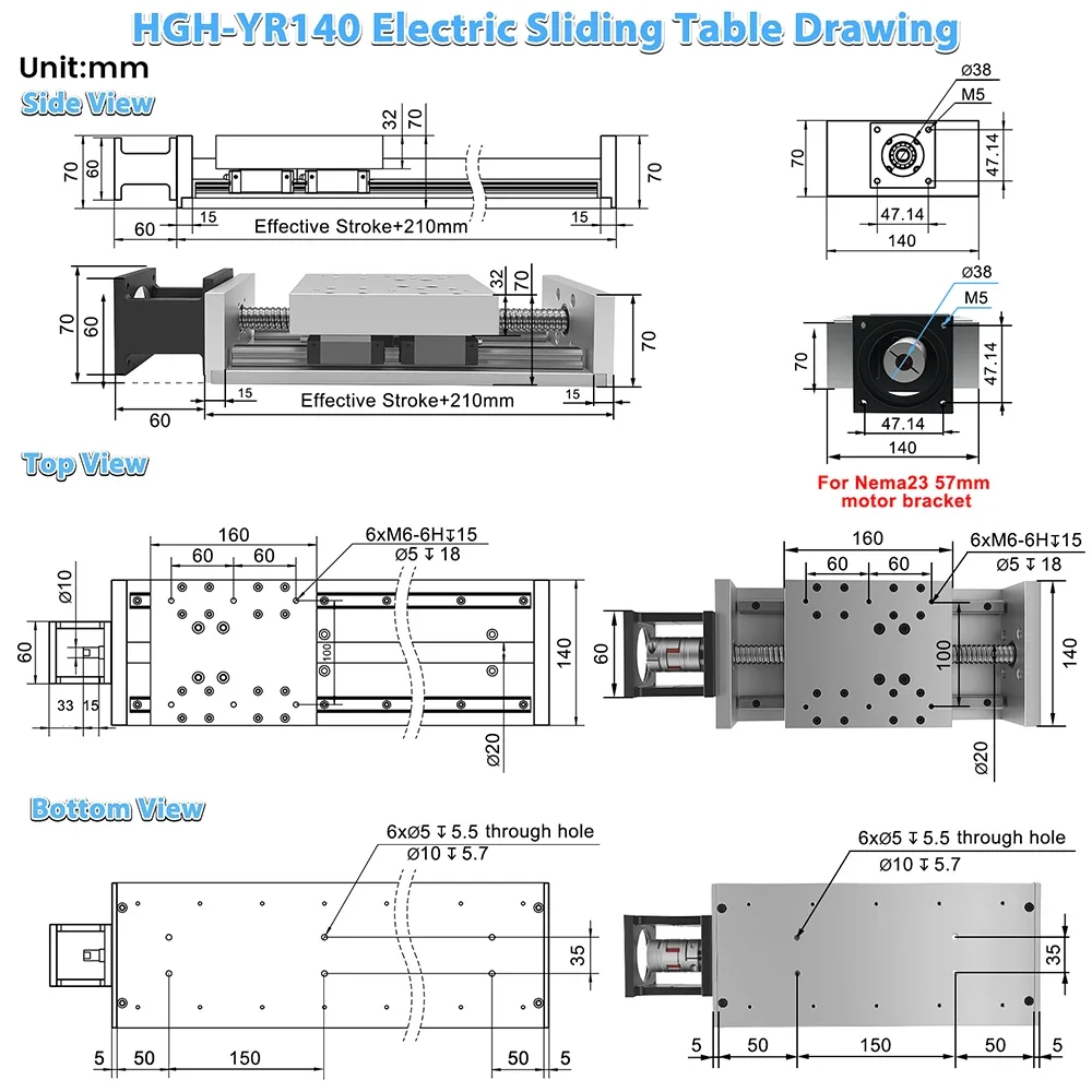 150KG Load Heavy Load CNC Ballscrew Sliding Table Dust Cover Linear Rail Guide 4*HGH15CA X Y Z Axis 140mm Width Linear Actuator