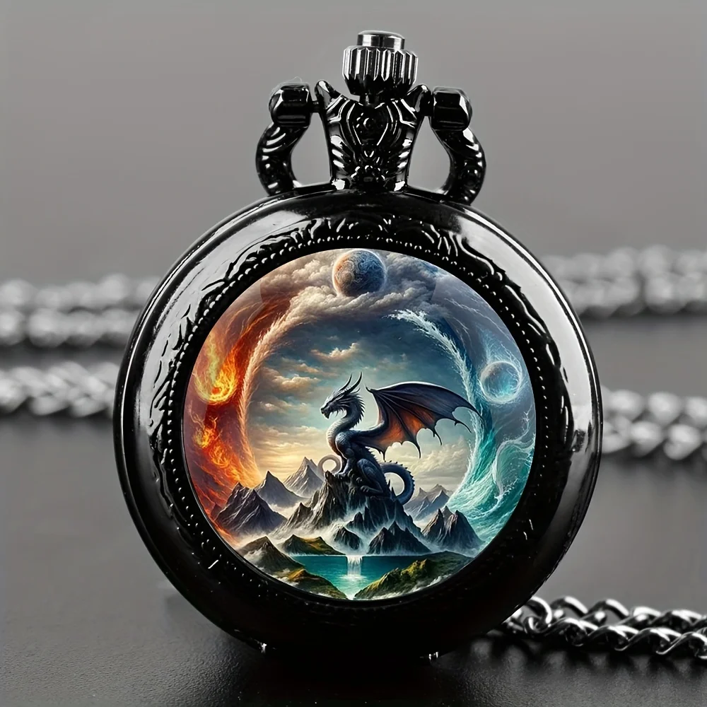 Antique Unique Multi-Color Dragon Animal Design Necklace Pendant Quartz Pocket Watch,Exquisite Stylish Watch for Men and Kids