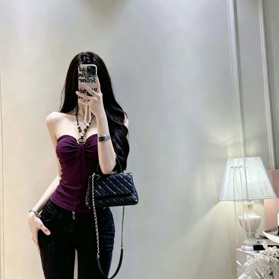 Summer New Pure Desire Bead Design Splice Hanging Neck Tube Top Women Slim Integrated with Chest Pad Top Asymmetrical Style