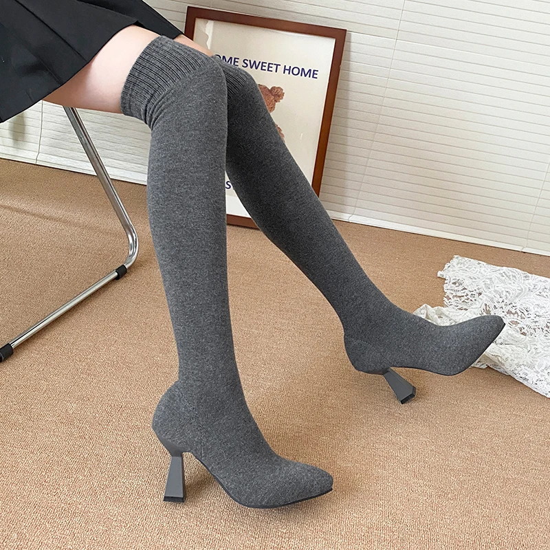 Botas de calcetín de tacón alto Para Mujer, zapatos de moda tejidos con punta estrecha, Botas altas de invierno de diseñador, vestido 2025, Botas de lujo Para Mujer